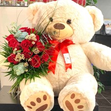 Teddy bear & red roses bouquet